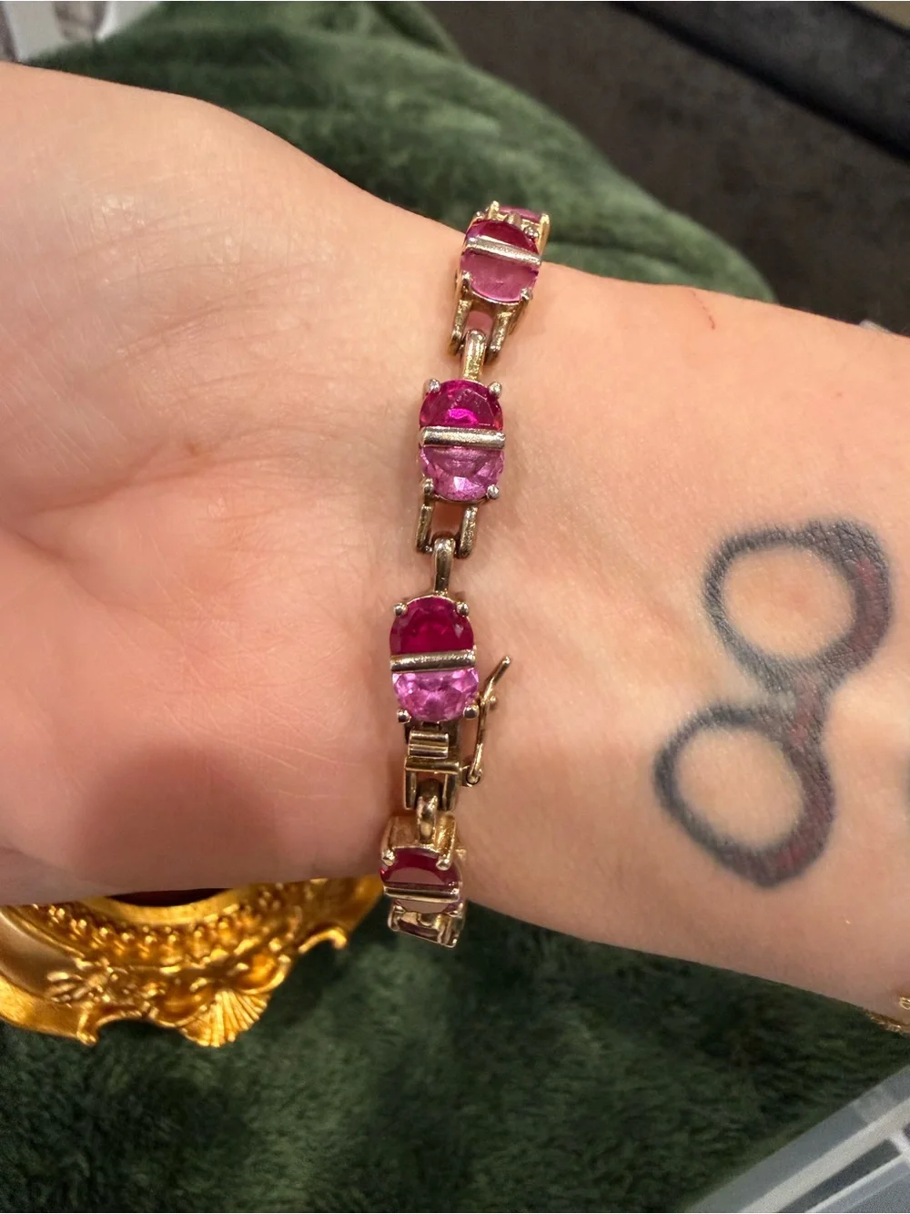 Gold Tone over Silver Bracelet with Pink and Red Rhinestones